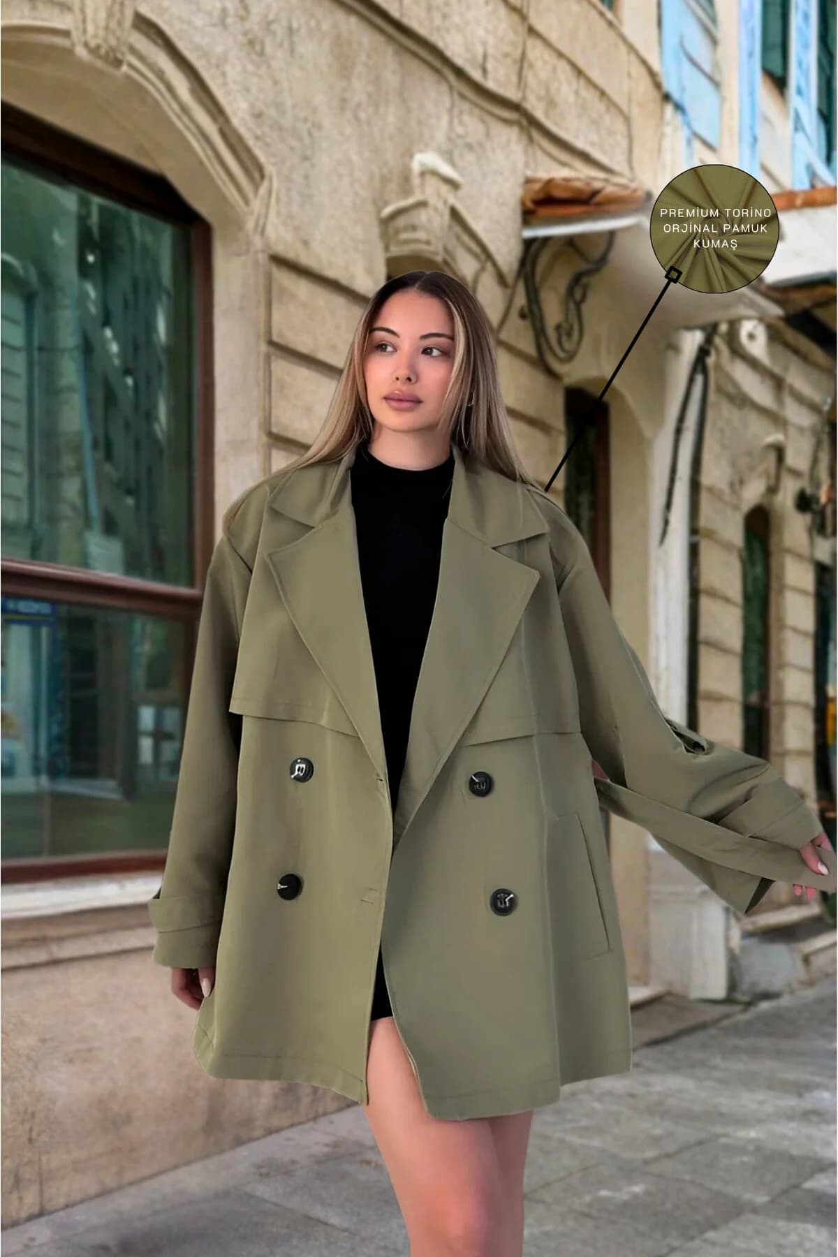 Kadın Haki Kuşaklı Kısa Rüzgarlıklı Kruvaze Trençkot (Haki)